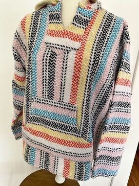 Multicolor Striped Baja-Style Crochet hooded pullover Sweater